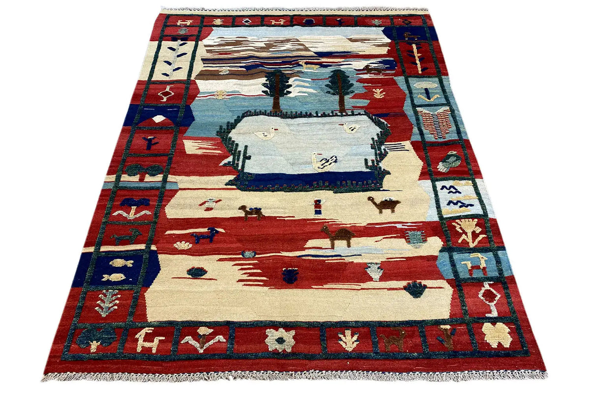 Kilim Qashqai rug with a red and blue border pattern, landscape motif in the center