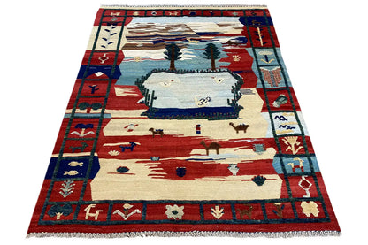 Kilim Qashqai rug with a red and blue border pattern, landscape motif in the center