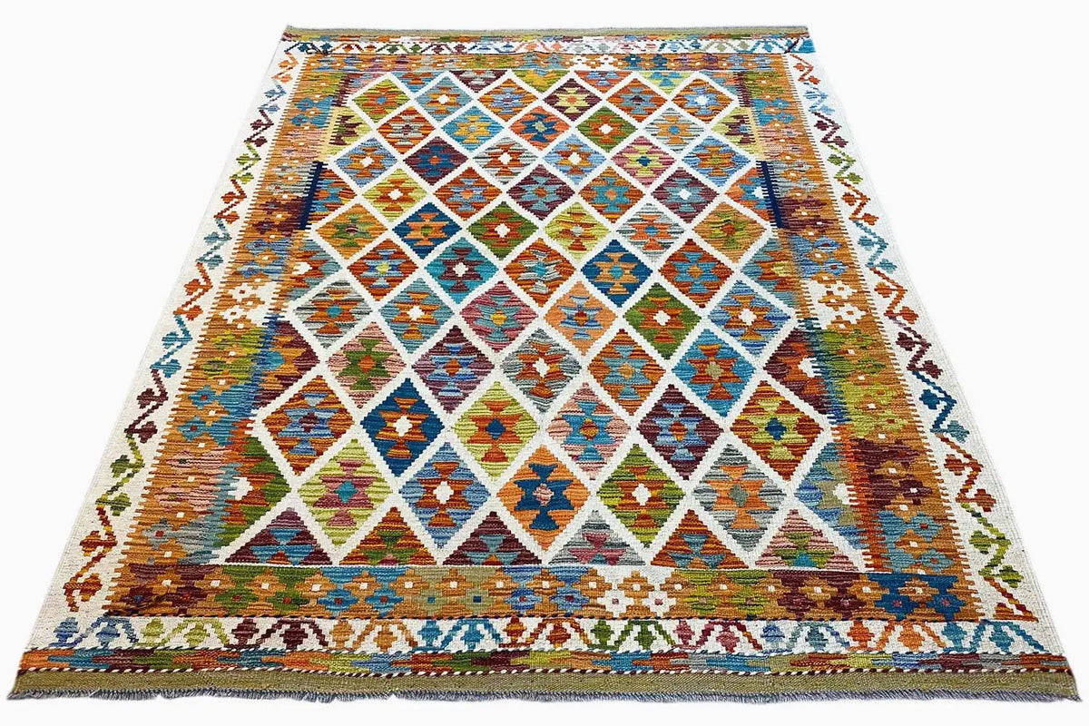 Afghan kilim 199×151 cm with a multicolored geometric pattern, viewed from above at an angle