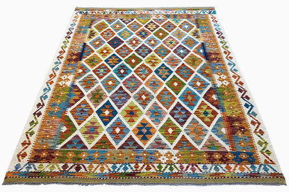 Afghan kilim 199×151 cm with a multicolored geometric pattern, viewed from above at an angle