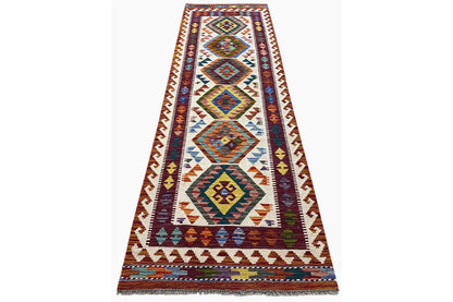 Afghan kilim runner, narrow rug with geometric diamonds and fringes