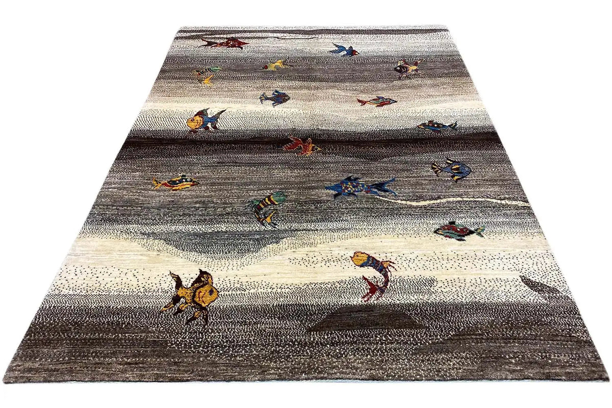 Gabbeh rug 215x154 cm with a striped look and colorful animal figures