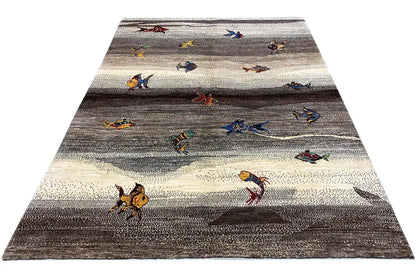 Gabbeh rug 215x154 cm with a striped look and colorful animal figures