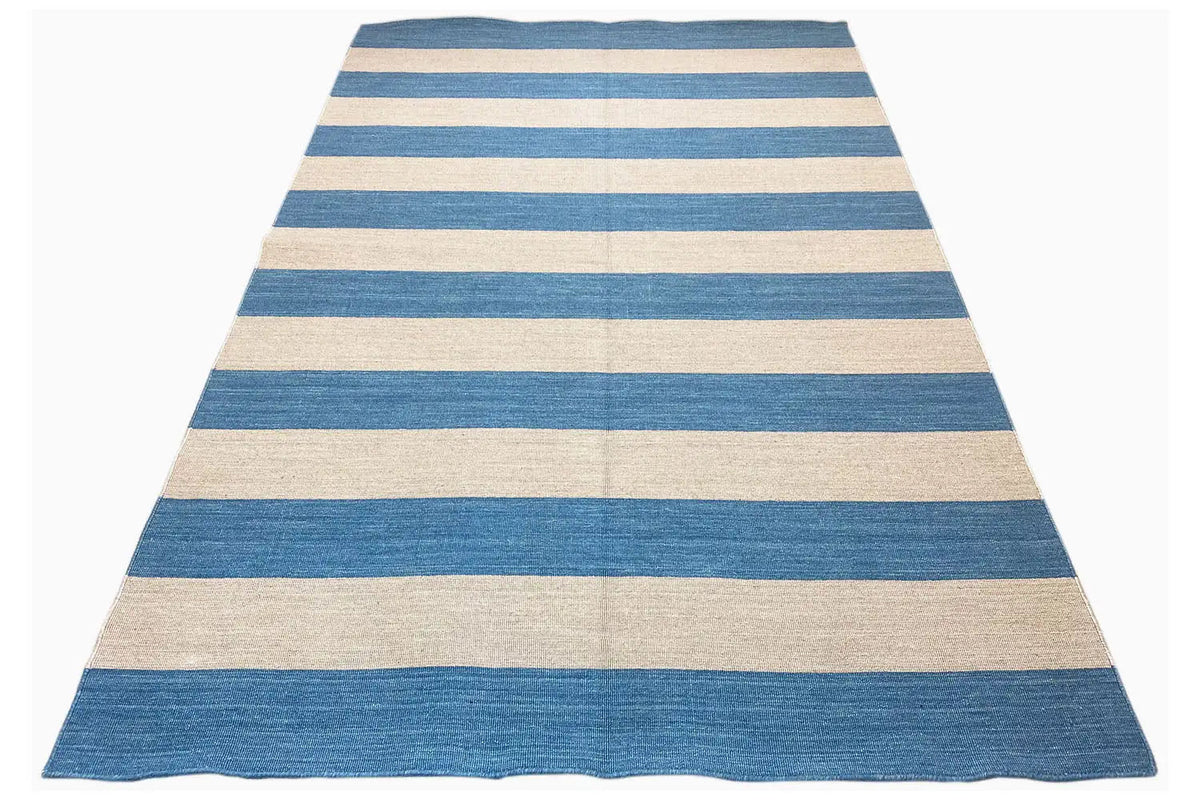 Kilim rug with a rounded hem, blue-beige horizontal stripes