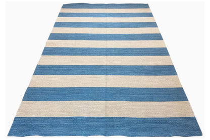 Kilim rug with a rounded hem, blue-beige horizontal stripes