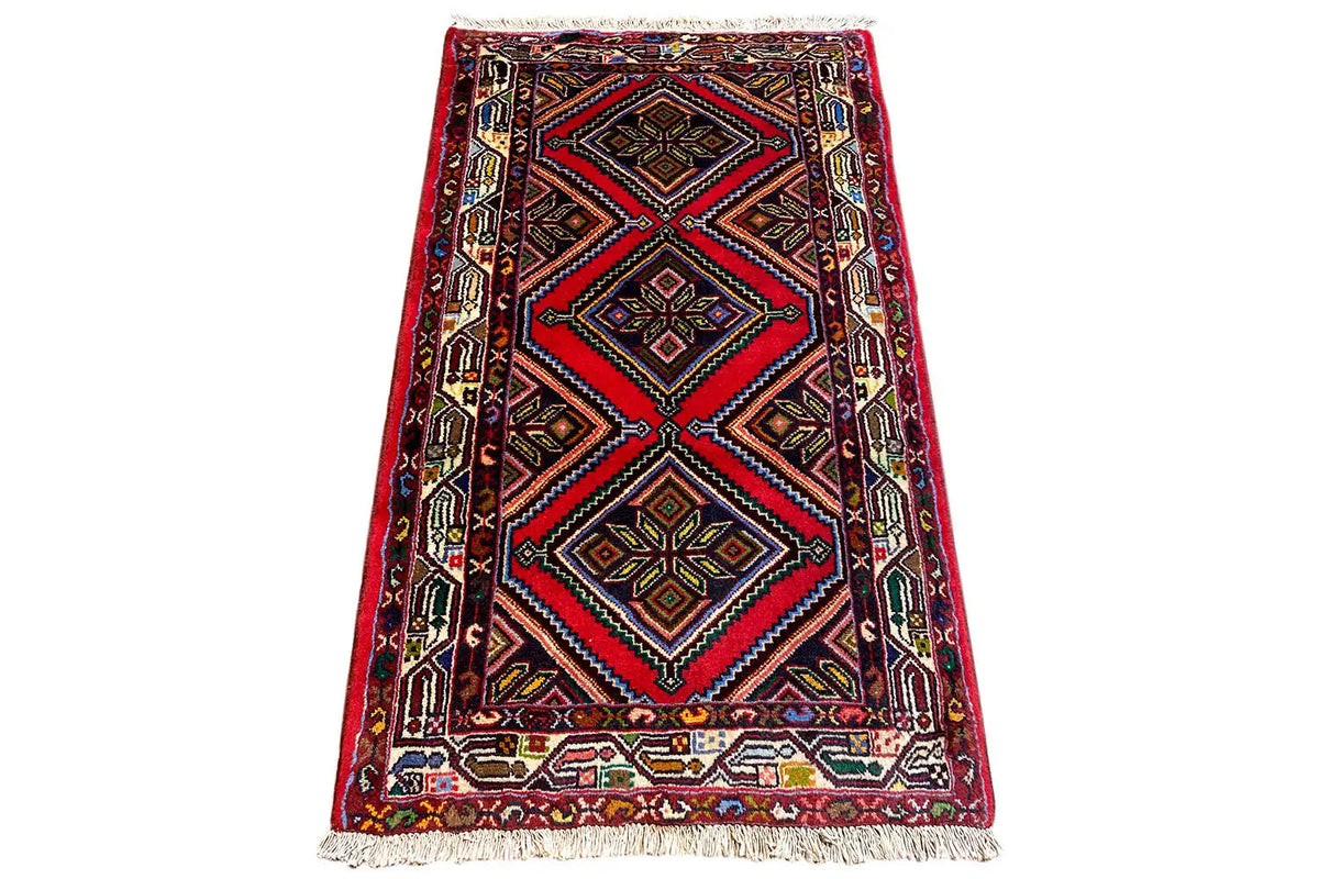 Rectangular rug with centered diamond pattern, multicolored, fringes