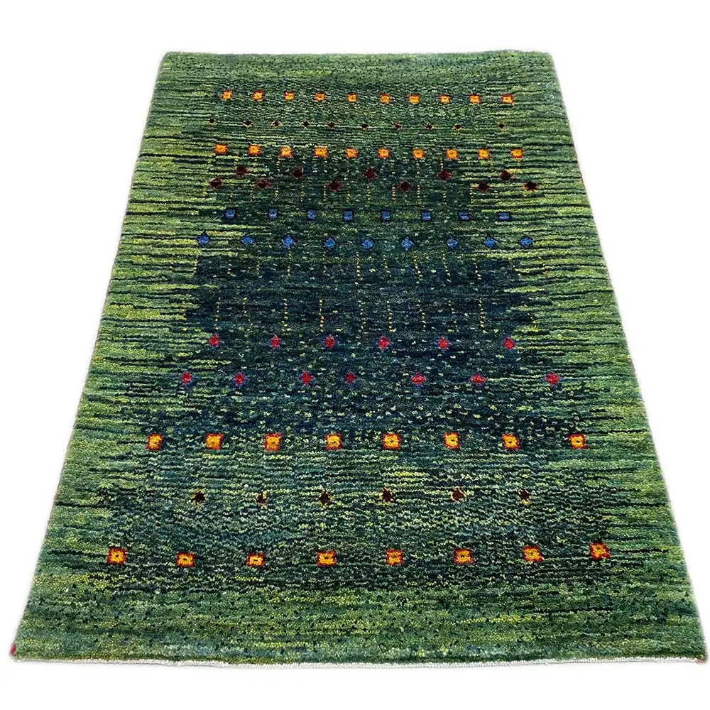 Lori Gabbeh rug, rectangular, green with multicolored patterned elements, 95x61 cm