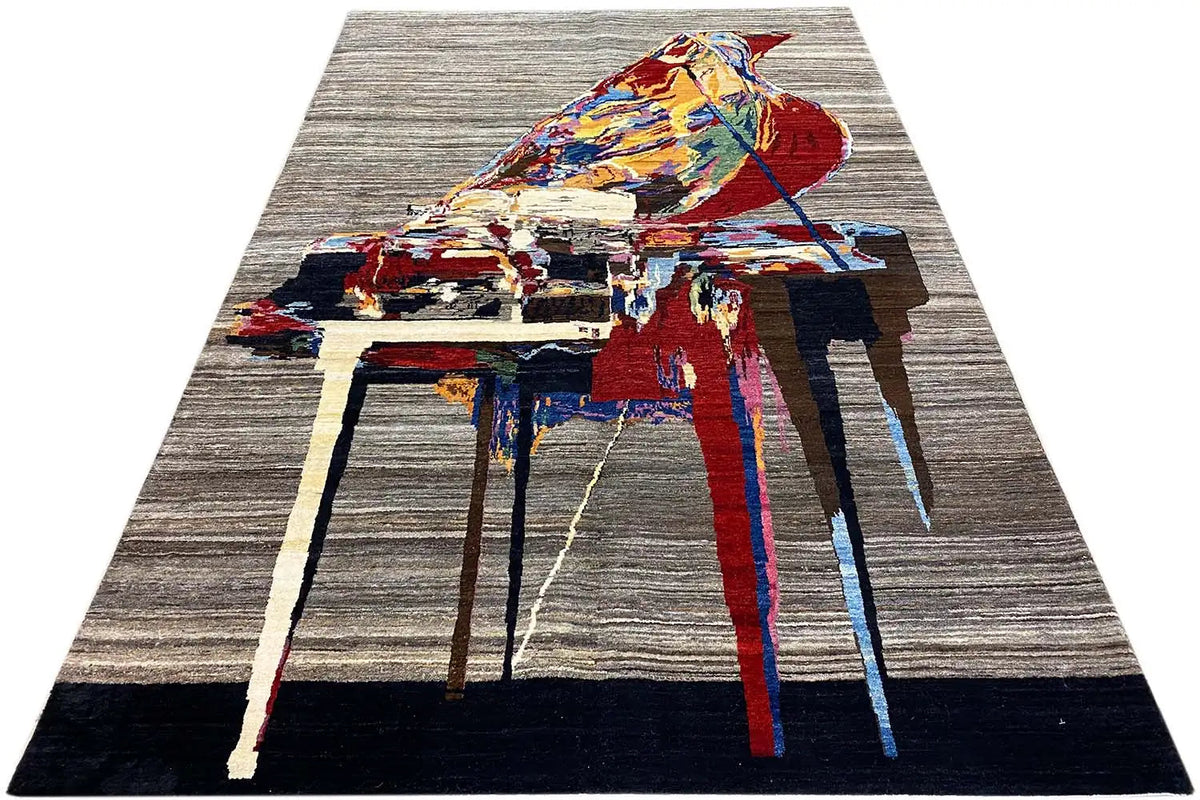 Gabbeh Lori rug with an abstract pattern, gray background and colorful accents, full coverage