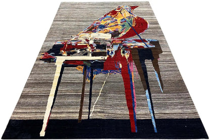 Gabbeh Lori rug with an abstract pattern, gray background and colorful accents, full coverage