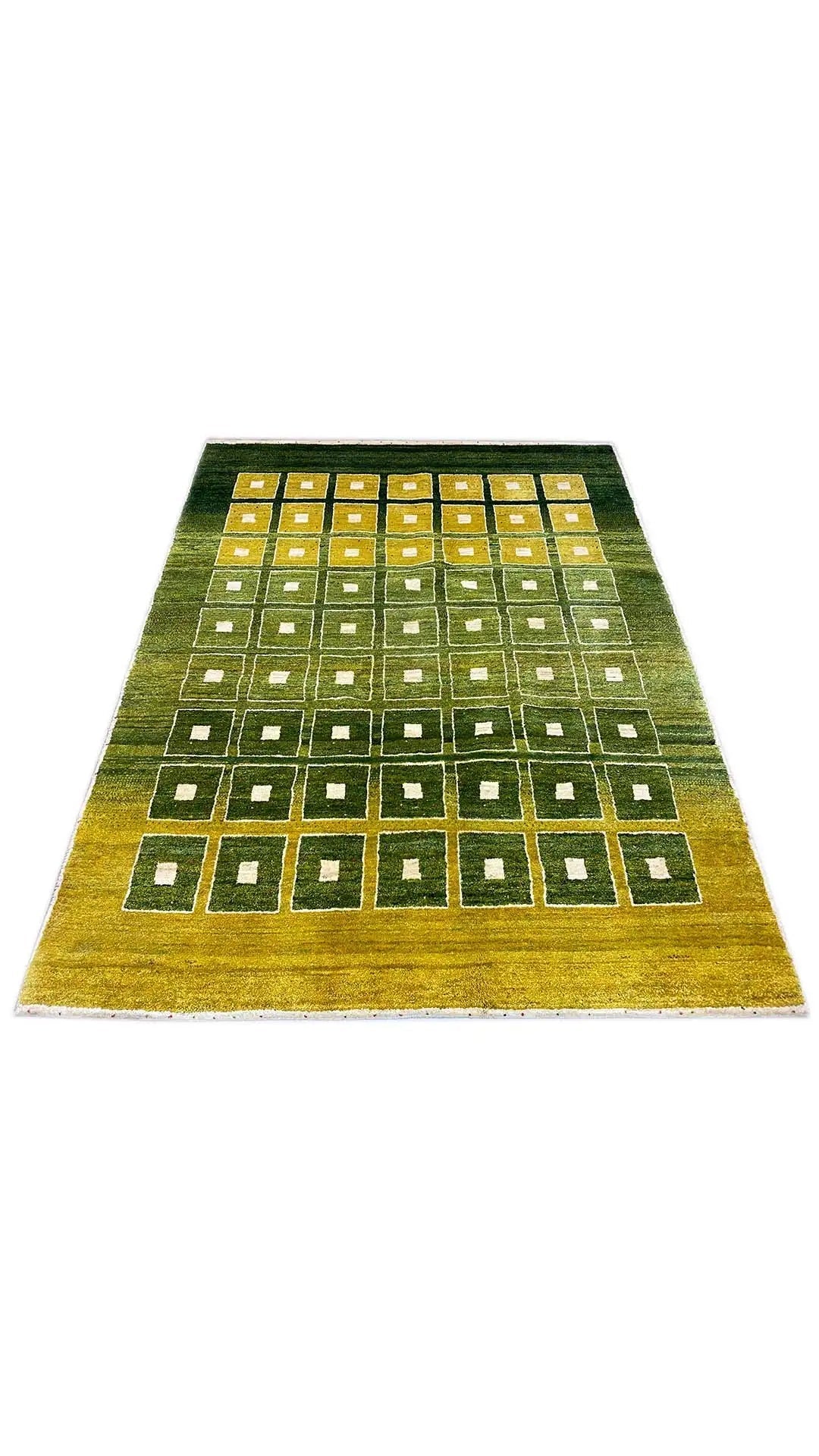 Gabbeh rug 199x152 cm: low-pile rug with green/yellow zigzag and square pattern