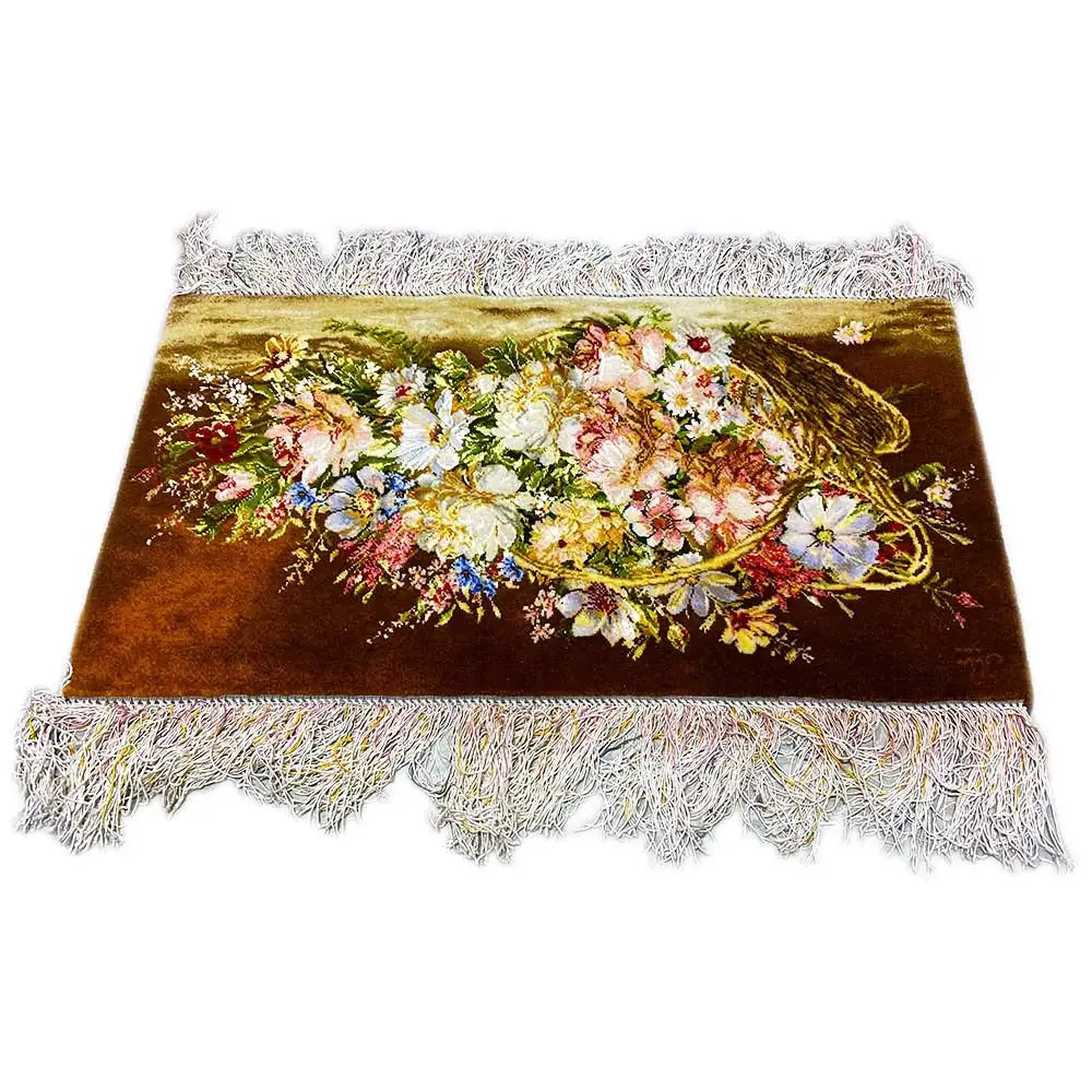 Brown rug 79x39 cm with floral design, golden-green accents, and gray fringed edge