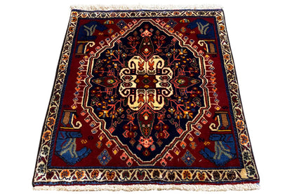 Red and dark blue rug with a central medallion and white edge fringes