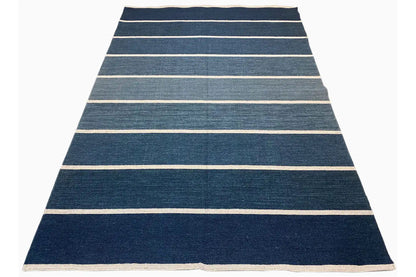 Modern kilim with horizontal stripes in dark blue and light beige, rectangular