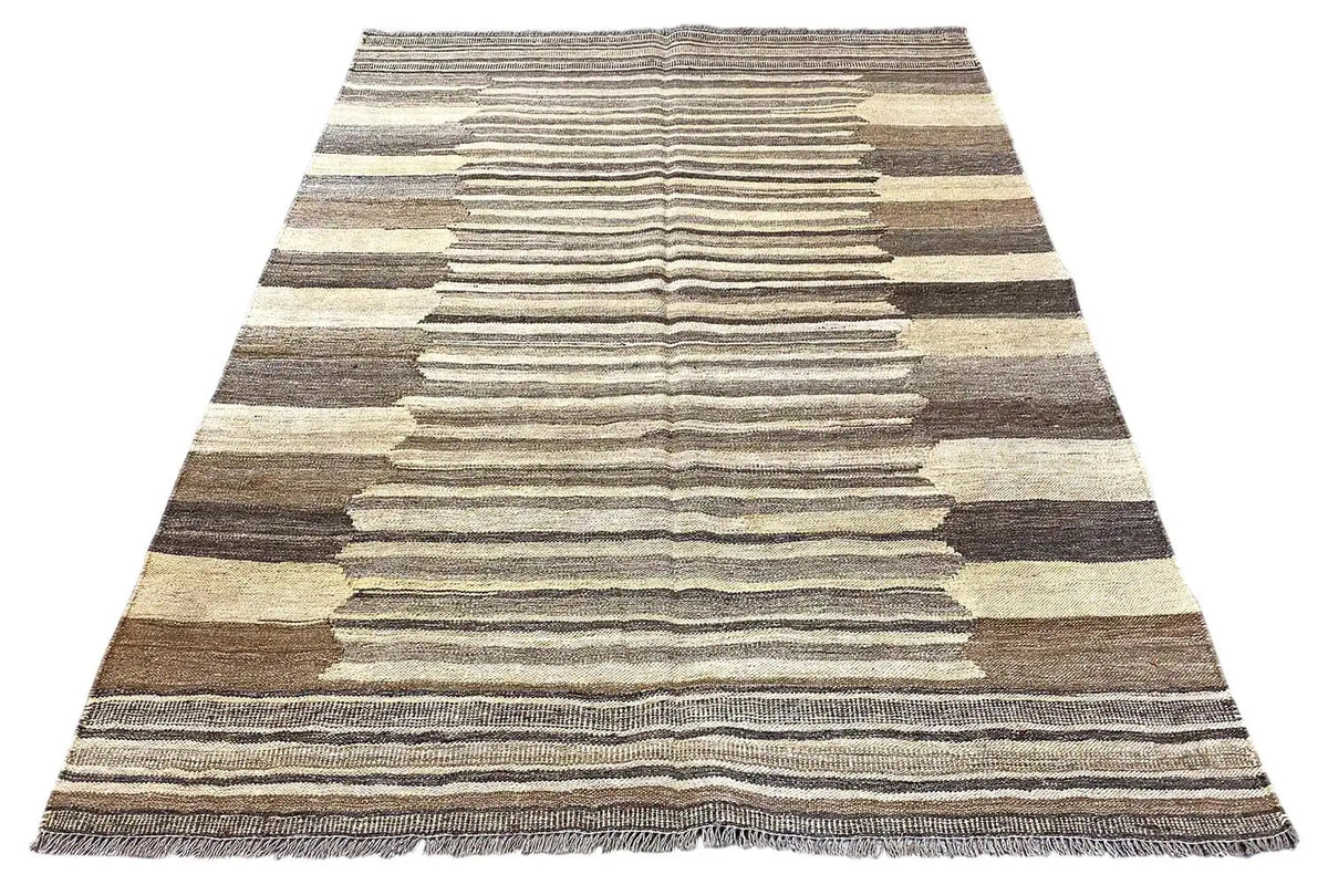 Kilim-Qashqai rug in three-quarter view, beige and gray striped pattern