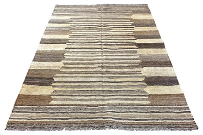 Kilim-Qashqai rug in three-quarter view, beige and gray striped pattern