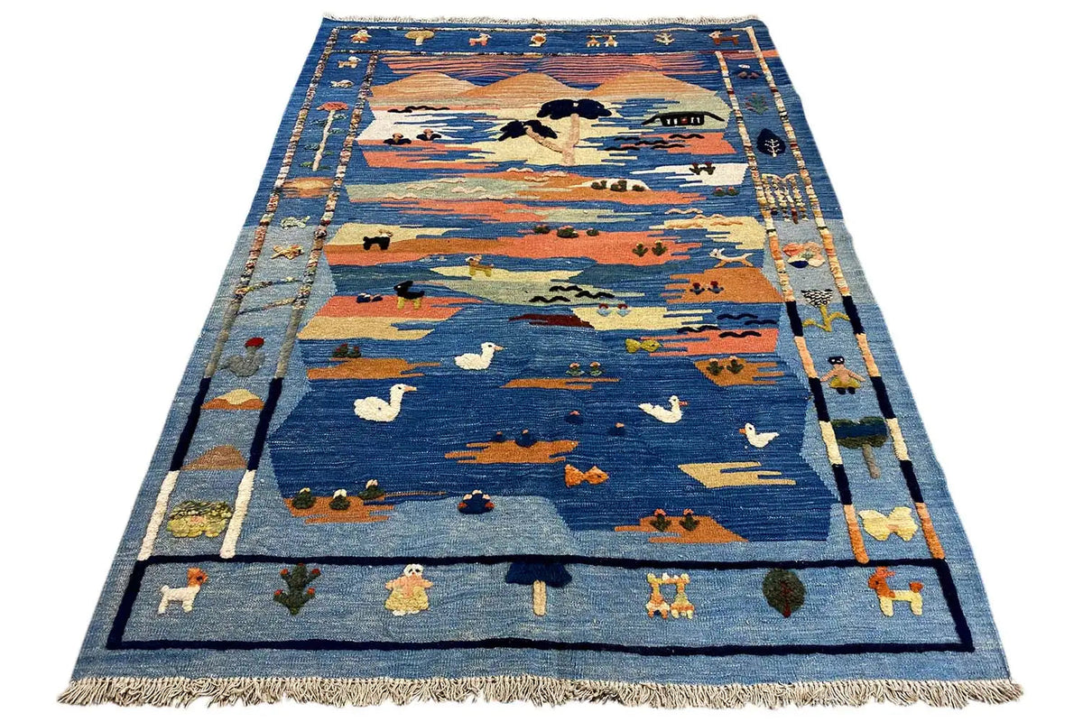 Blue Kilim-Qashqai oriental rug with animal and landscape motifs, with fringes