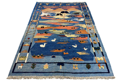 Blue Kilim-Qashqai oriental rug with animal and landscape motifs, with fringes