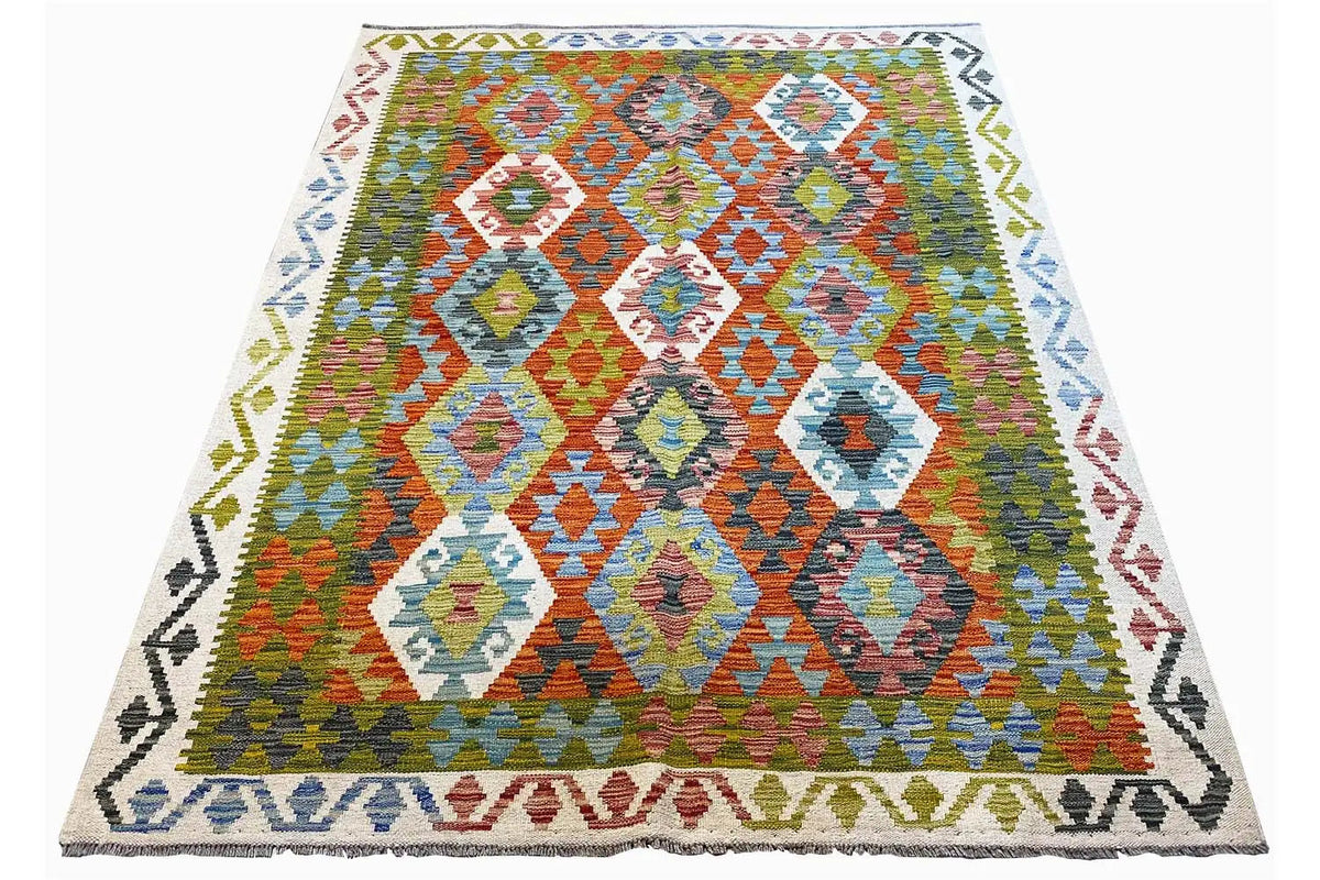 Afghan kilim 200×150 cm with diamond and zigzag pattern, spread out diagonally