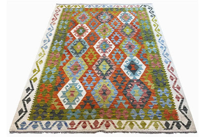 Afghan kilim 200×150 cm with diamond and zigzag pattern, spread out diagonally