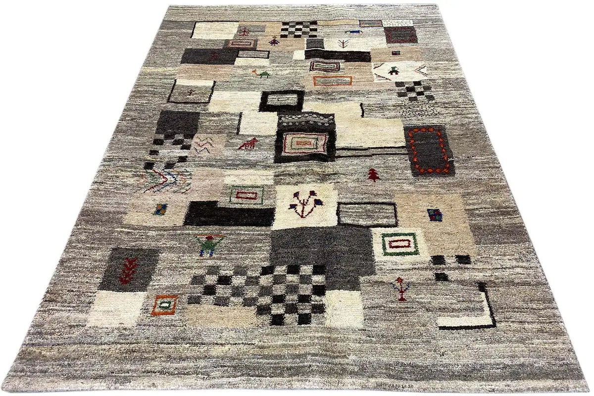 Gabbeh rug 198x146 cm with a geometric all-over pattern in beige-gray
