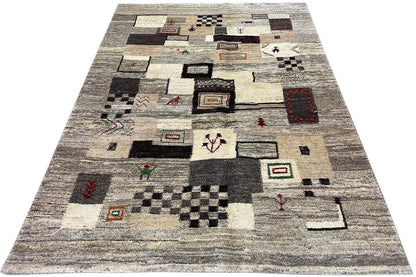 Gabbeh rug 198x146 cm with a geometric all-over pattern in beige-gray