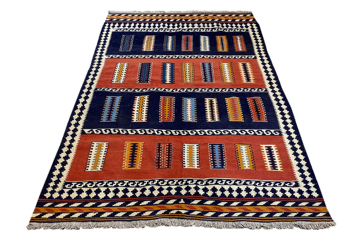 Kilim rug with border stripes and geometric motifs in blue and orange