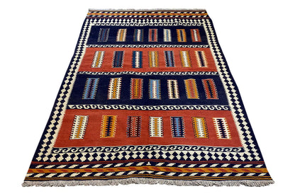 Kilim rug with border stripes and geometric motifs in blue and orange