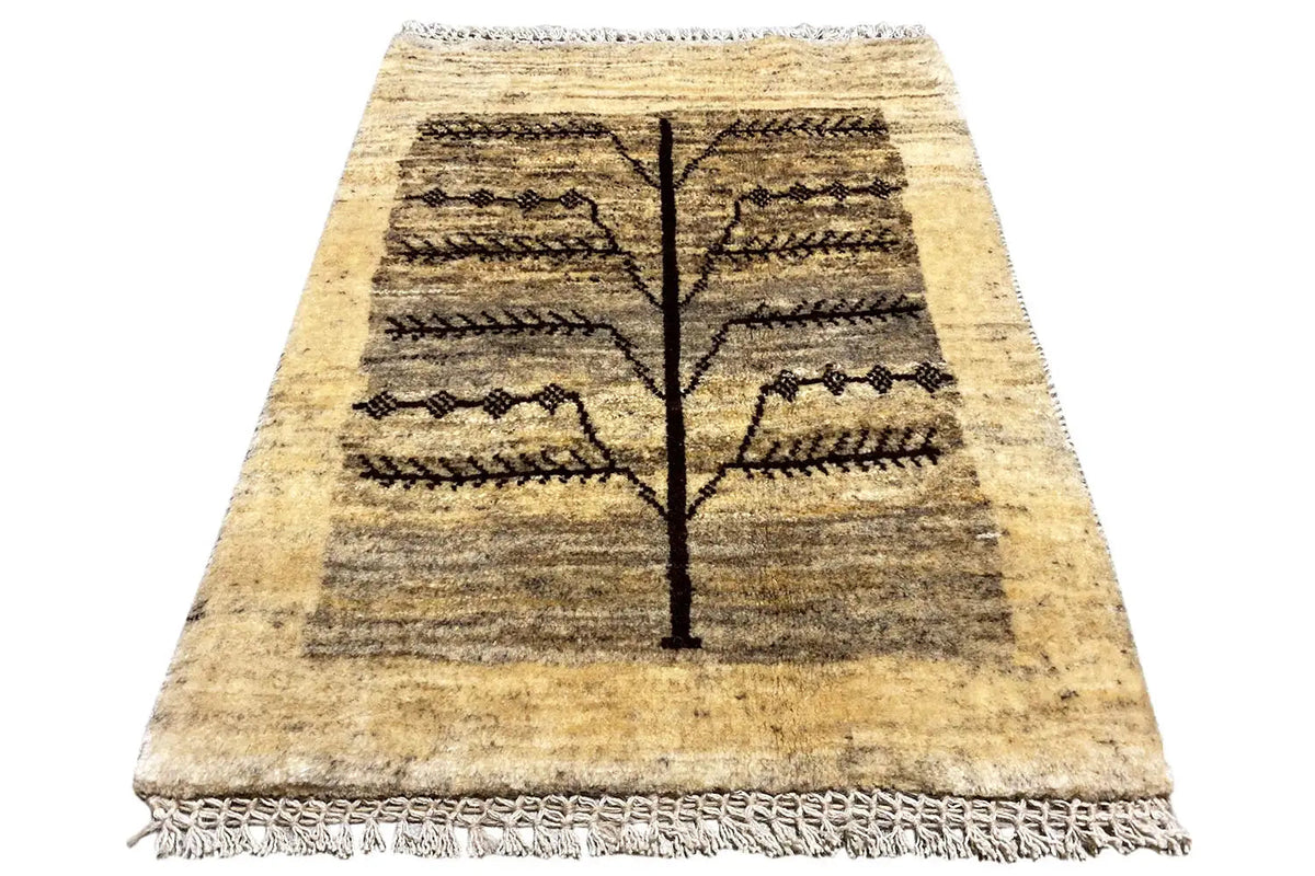 Gabbeh Lori rug 81x61 cm: light beige field with a black tree branch motif