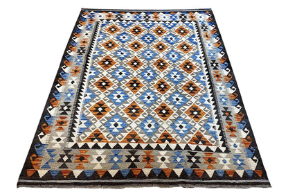 Rectangular Afghan kilim rug with border friezes and a blue-and-white diamond pattern