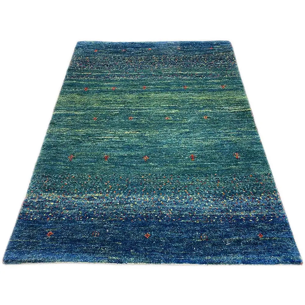 Gabbeh rug 91x63 cm in teal/dark blue with colorful dot details