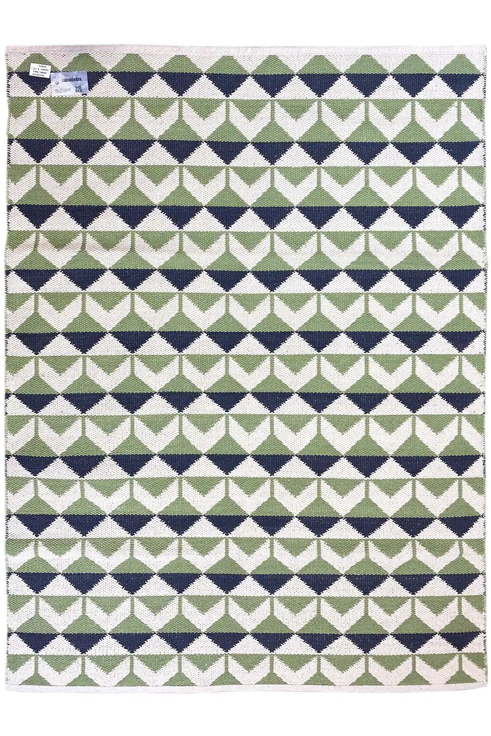 Kilim rug with a multistripe zigzag and diamond pattern in green, blue, and white
