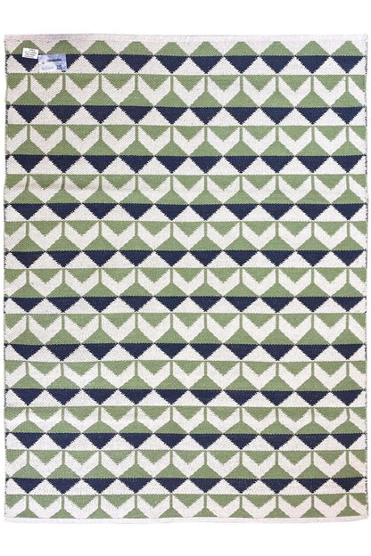 Kilim rug with a multistripe zigzag and diamond pattern in green, blue, and white