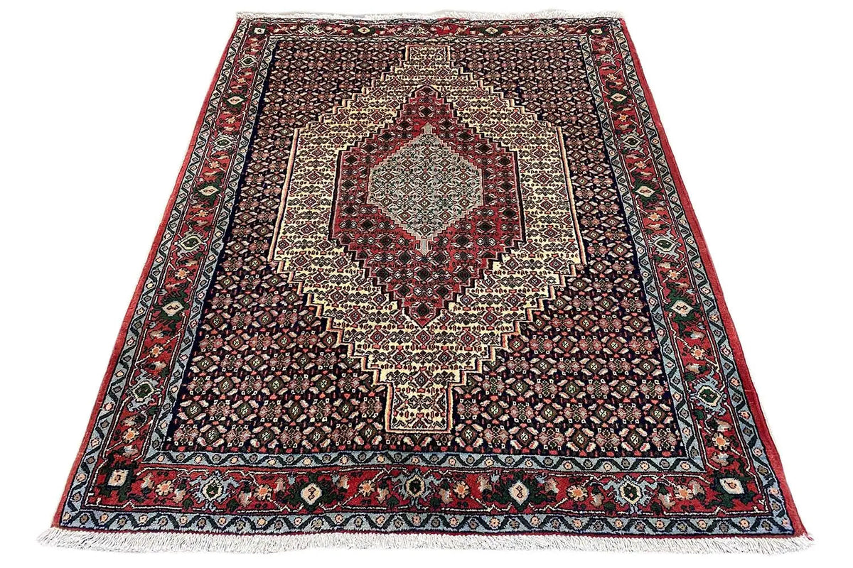 Hamadan rug, dark patterned, with a red border and central geometric medallion.