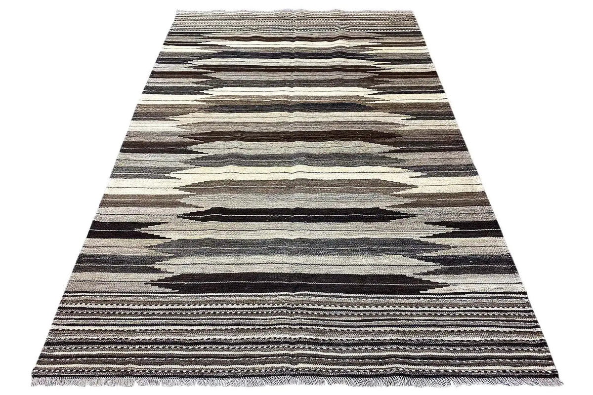 Kilim Qashqai rug with wide horizontal stripes in gray and beige