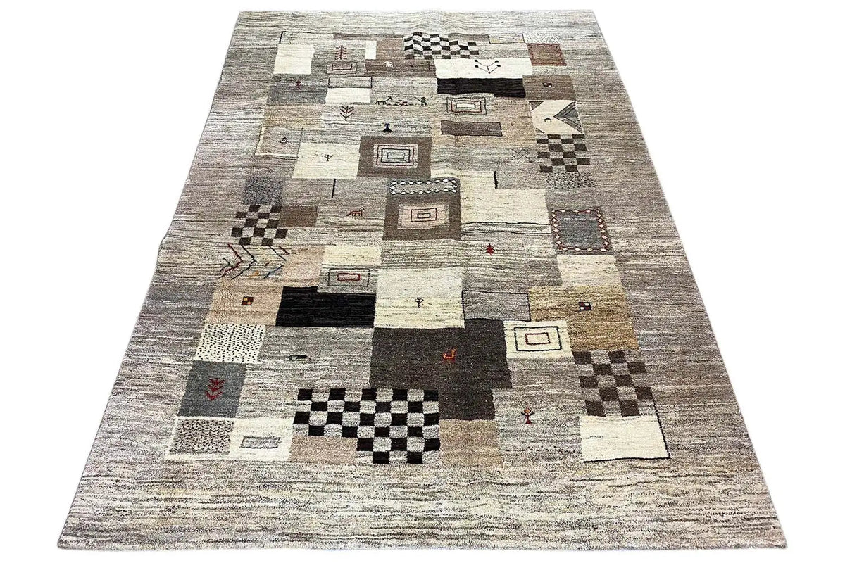 Rectangular Gabbeh rug, geometric patchwork pattern in gray and beige