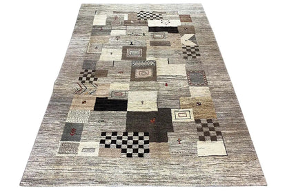 Rectangular Gabbeh rug, geometric patchwork pattern in gray and beige