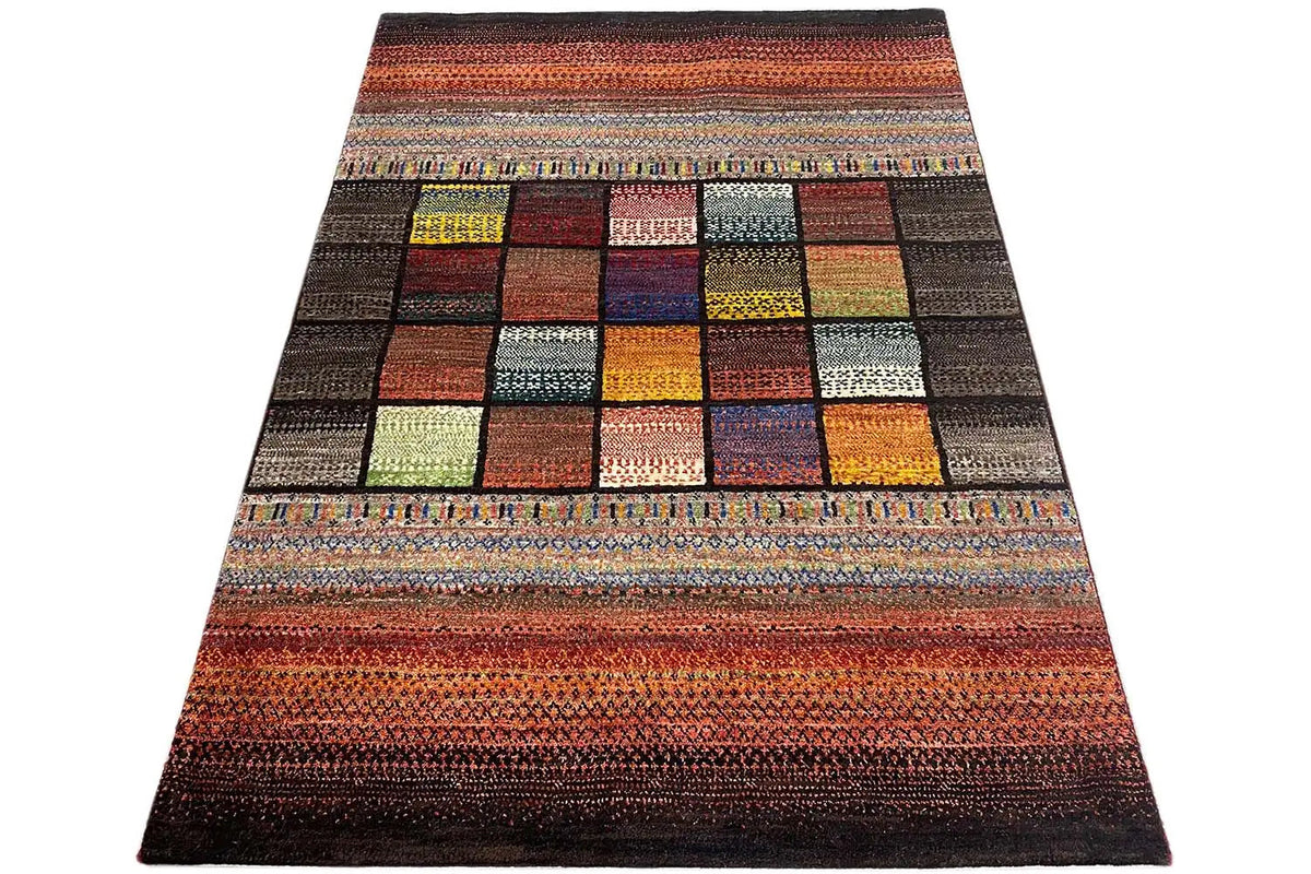 Gabbeh Lori rug, rectangular, geometric pattern in warm and cool colors