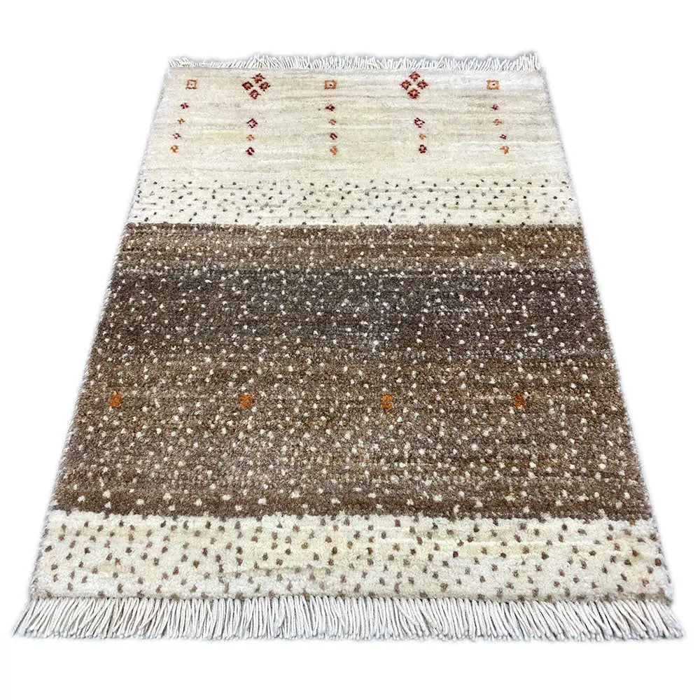 Gabbeh rug 58x43 cm with fringes, cream-brown striped pattern, and small red details
