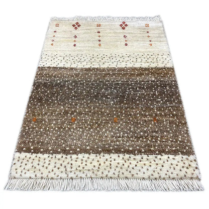 Gabbeh rug 58x43 cm with fringes, cream-brown striped pattern, and small red details