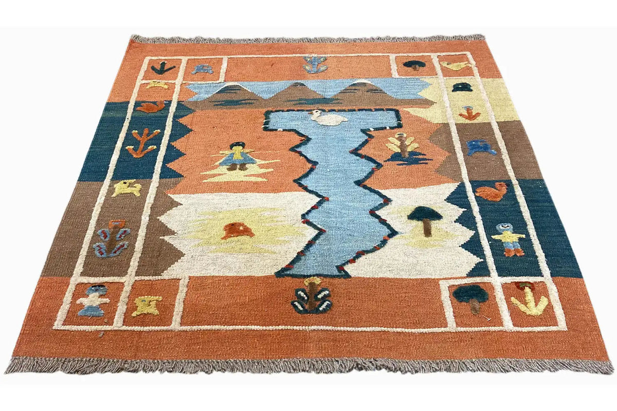 Square kilim rug with a multicolored central design, terracotta, blue, cream, fringe