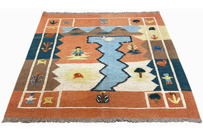 Square kilim rug with a multicolored central design, terracotta, blue, cream, fringe