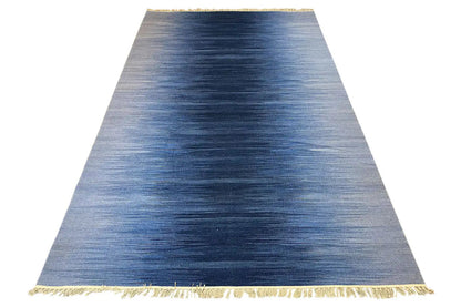 Blue Kilim Dhurrie Rug 160x230 cm, woven blue gradient, gold-colored fringes