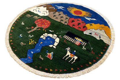 Round rug 96x96 cm: green with colorful sections, figures, and animals