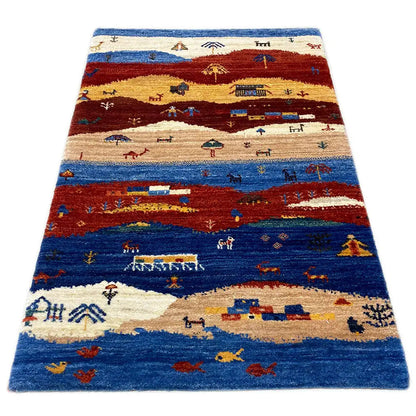 Gabbeh rug with landscape design, multicolored, made of virgin wool, 90x59 cm