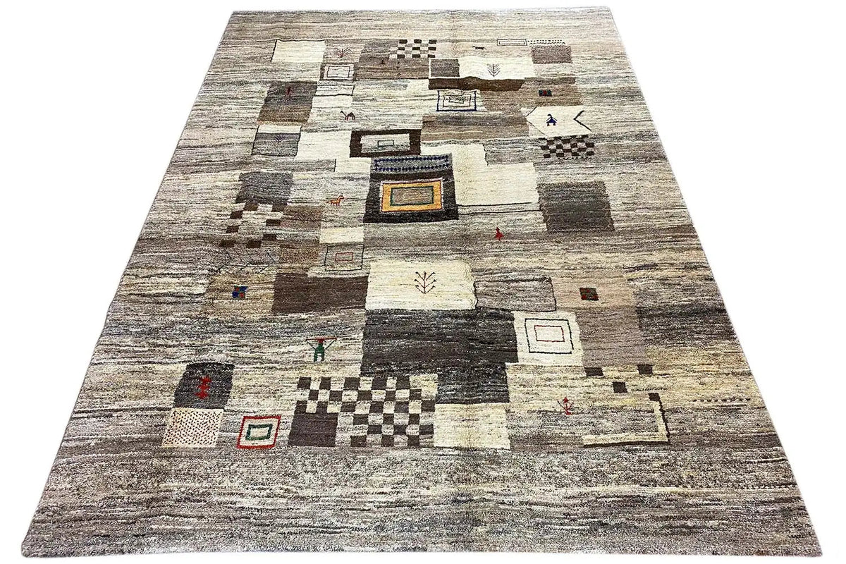 Gabbeh rug 288x204 cm with abstract geometric patchwork in beige and gray