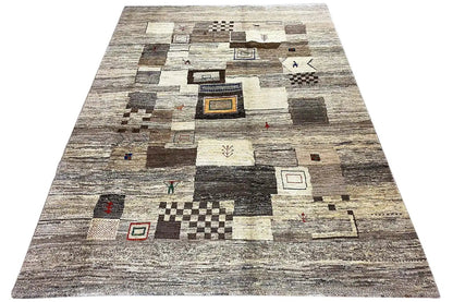 Gabbeh rug 288x204 cm with abstract geometric patchwork in beige and gray