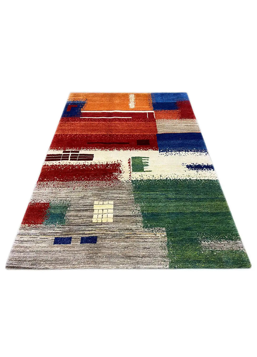 Gabbeh rug in trapezoidal view, abstract block pattern in red, blue, green