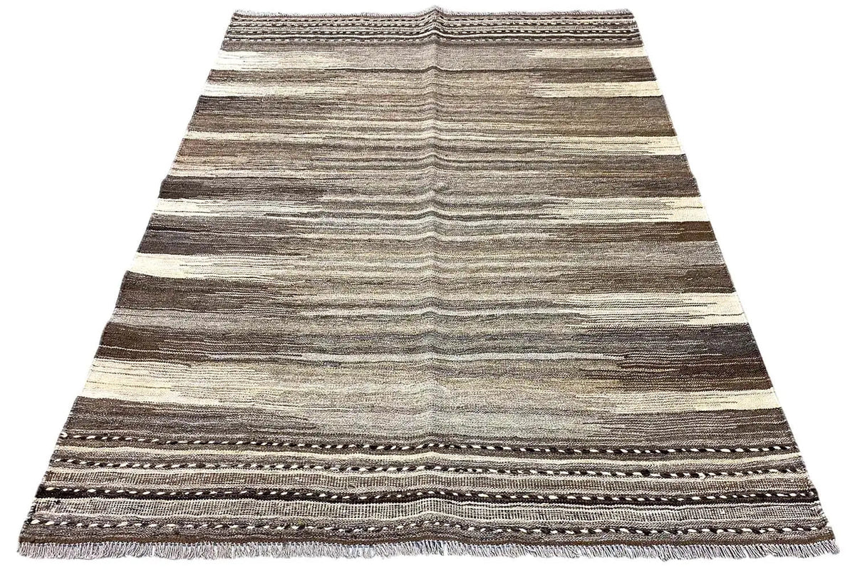 Kilim rug with horizontal stripes and a dark border, with fringes
