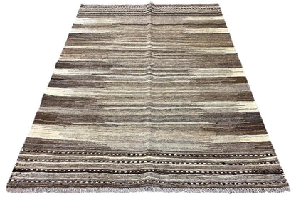Kilim rug with horizontal stripes and a dark border, with fringes