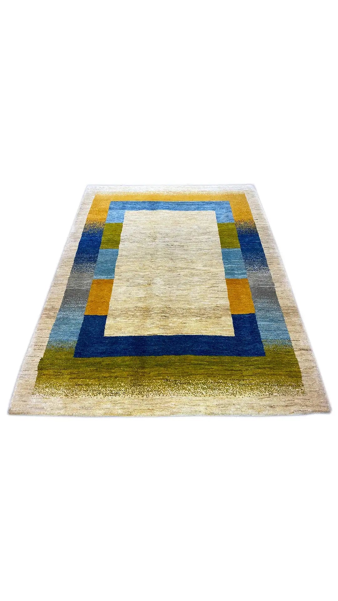 Gabbeh rug 195x150 cm with square central motif, blue-green-yellow